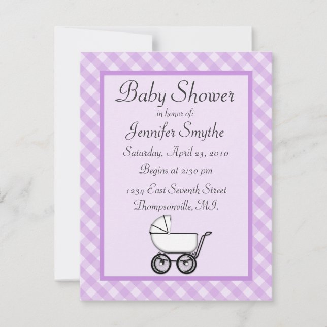 Lila Gingham Baby Shower-inbjudningar Inbjudningar (Framsida)