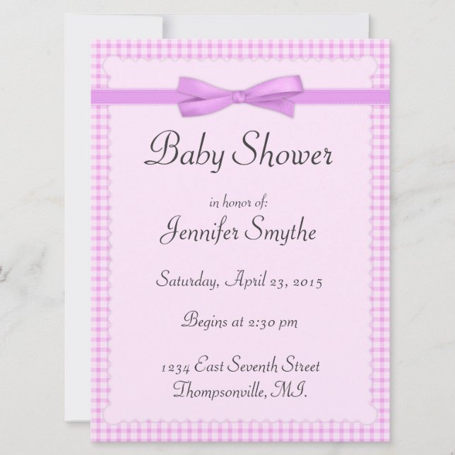 Lila Gingham Baby Shower-inbjudningar Inbjudningar (Framsida)