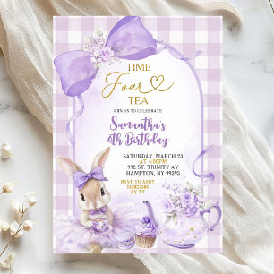 Lila Gingham-båge Kanin Tea Party Fjärde Födelseda Inbjudningar