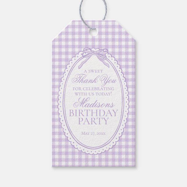 Lila Gingham Coquette-båge Födelsedagsfirande Gåvo Presentetikett (Framsidan)