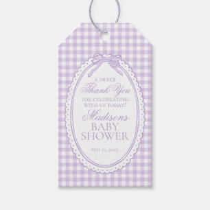 Lila Gingham Coquette Bow Baby Shower Fördelar Presentetikett