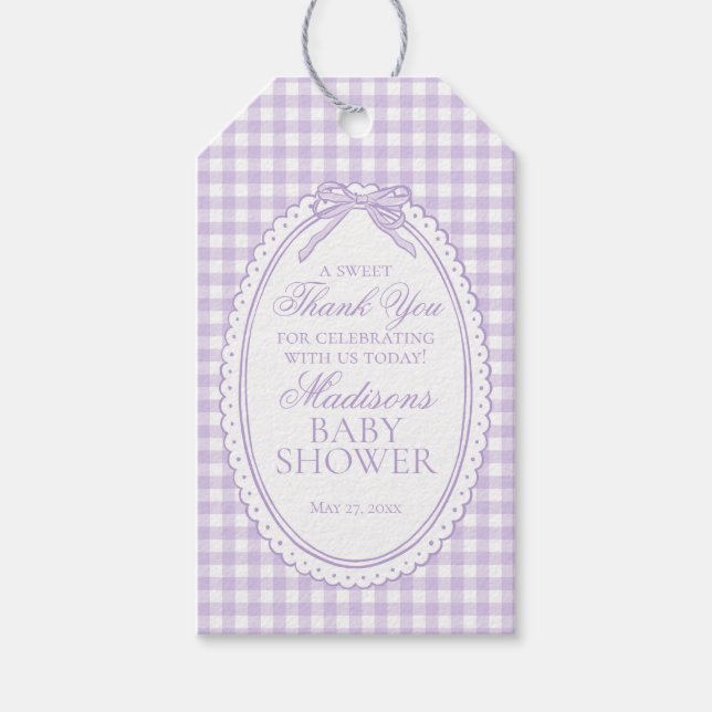 Lila Gingham Coquette Bow Baby Shower Fördelar Presentetikett (Framsidan)