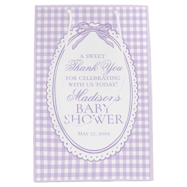 Lila Gingham Coquette Bow Baby Shower presenter (Framsidan)