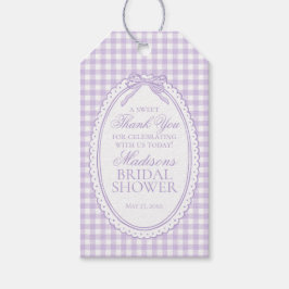 Lila Gingham Coquette Bow Bröllopsduschpresenter Presentetikett