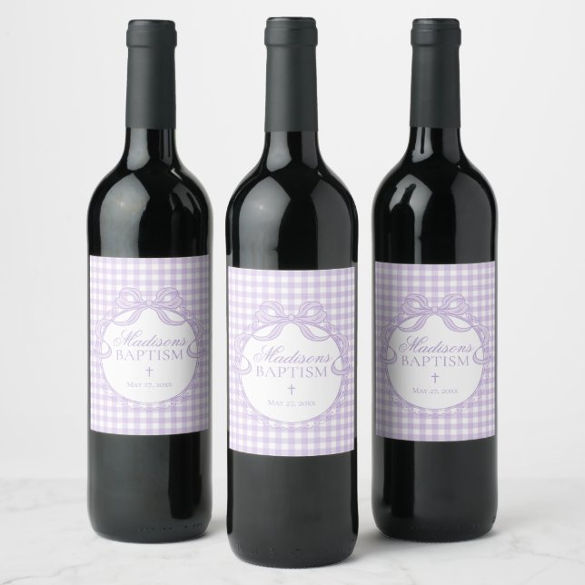 Lila Gingham Coquette-slöja Dop Vinflaska Etikett (Flaskor)