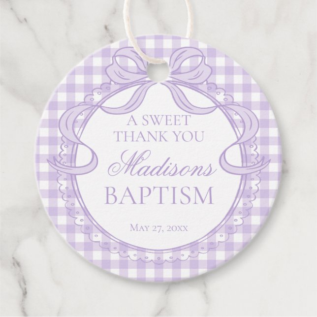 Lila Gingham Coquette-slöja Dopring Gåvor Etiketter (Framsida)