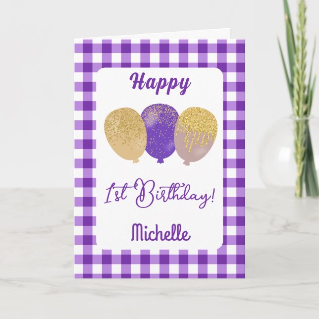 Lila Gingham & Glitter Balloons 1:a födelsedag Kort (Framsida)