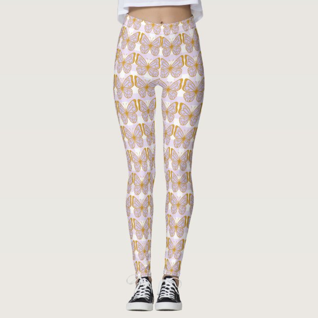 Lila Gingham Guld Butterfly Designer Leggings (Framsida)