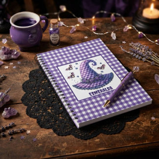 Lila Gingham Halloween Häxa Hatt & Fladdermöss Anteckningsbok