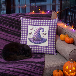 Lila Gingham Halloween Häxa Hatt & Fladdermöss Kudde