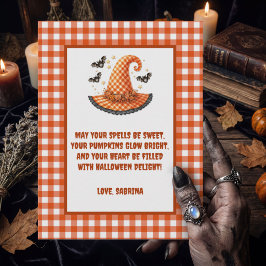 Lila Gingham Halloween Häxa Hatt & Fladdermössor Helg Vykort