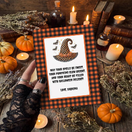Lila Gingham Halloween Häxa Hatt & Fladdermössor Helg Vykort