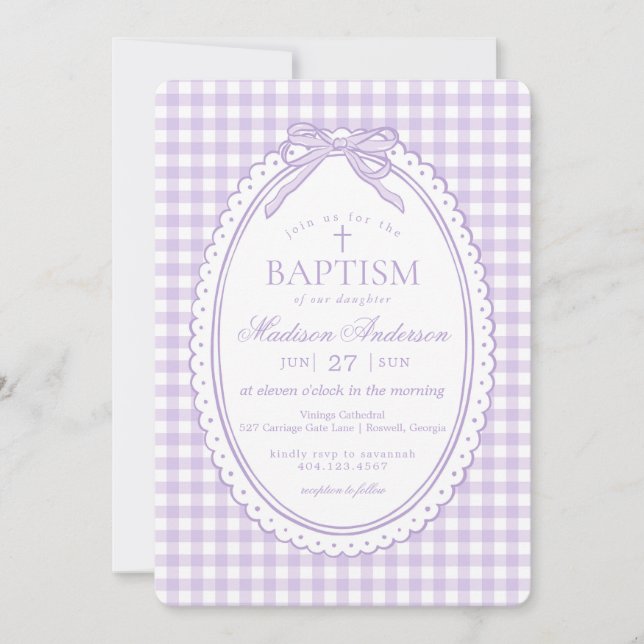 Lila Gingham Kokett Slöja Dop Inbjudningar (Framsida)