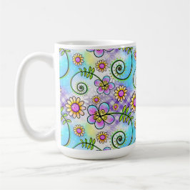 Lila Gingham med Handritade Blommor och Rankor Kaffemugg