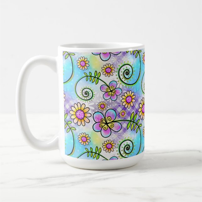 Lila Gingham med Handritade Blommor och Rankor Kaffemugg (Vänster)