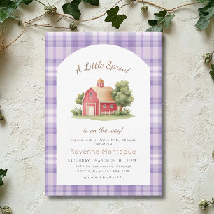 Lila Gingham Röd Ladugård Little Sprout Baby Showe Inbjudningar