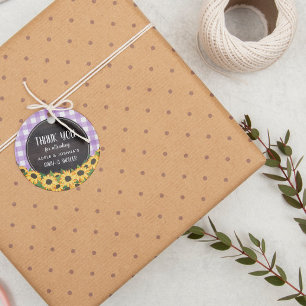 Lila Gingham & Sunblommor Baby-Q Shower Tack Gåvor Etiketter