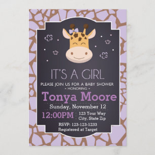 Lila Giraffe Baby Shower-inbjudan (flicka) Inbjudningar