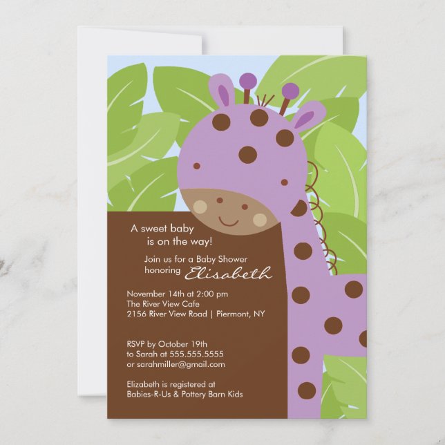 Lila Giraffe Baby Shower-inbjudan Inbjudningar (Framsida)