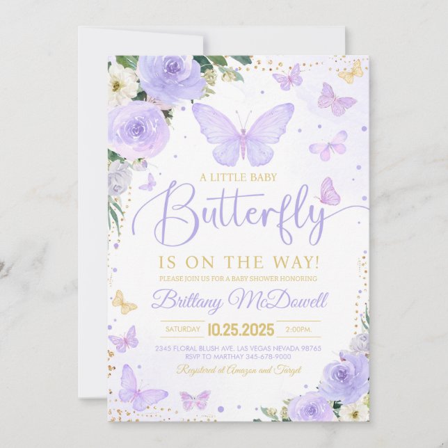 Lila Girl Butterfly Theme Baby Shower Inbjudningar (Framsida)