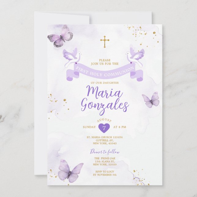 Lila Girl First Heliga Communion Kor Butterfly Inbjudningar (Framsida)