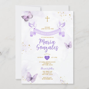Lila Girl First Heliga Communion Kor Butterfly Inbjudningar