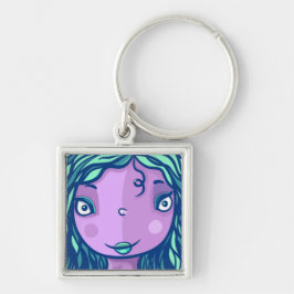 Lila Girl Girl Character Porträtt Fyrkantig Silverfärgad Nyckelring