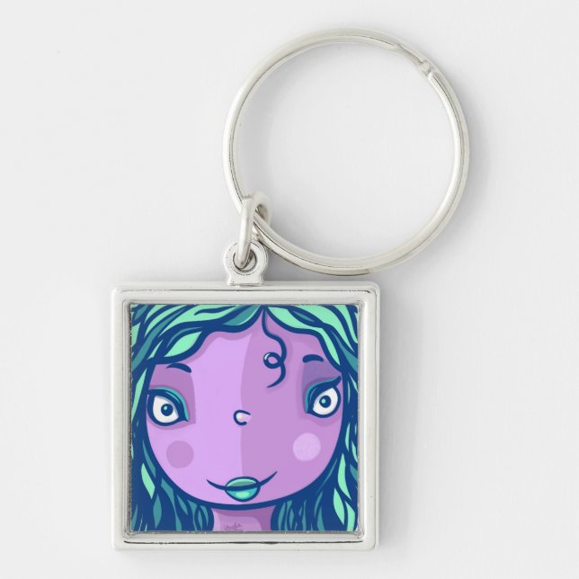 Lila Girl Girl Character Porträtt Fyrkantig Silverfärgad Nyckelring (Framsidan)