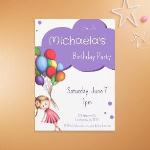Lila Girl Girl Flyter upp med Balloons Birthday Inbjudningar