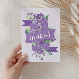 Lila Glad mors dag Modern blomskrift Kort