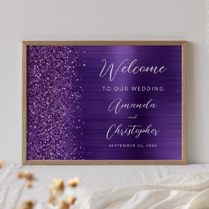Lila Glam Glitter Script Bröllops Välkomstskylt Poster
