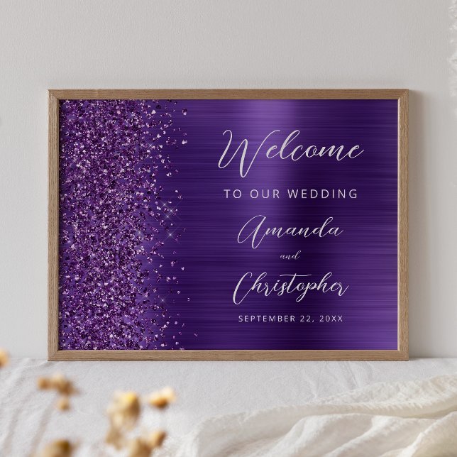 Lila Glam Glitter Script Bröllops Välkomstskylt Poster (Skapare uppladdad)