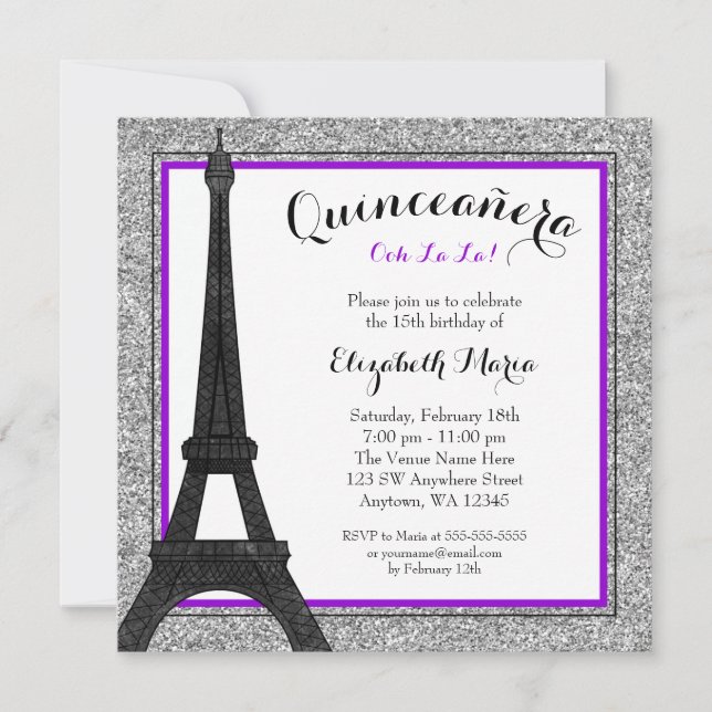 Lila Glam Paris Faux Silver Glitter Quinceanera Inbjudningar (Framsida)