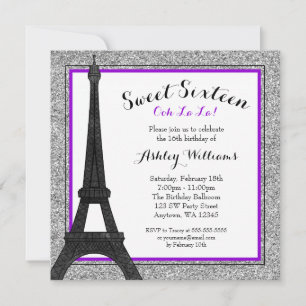 Lila Glam Paris Théed Faux Glitter Sweet 16 Inbjudningar