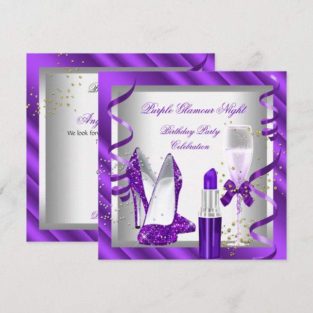 Lila Glamour Natt Champagne Firande 2 Inbjudningar (Fram/baksida)