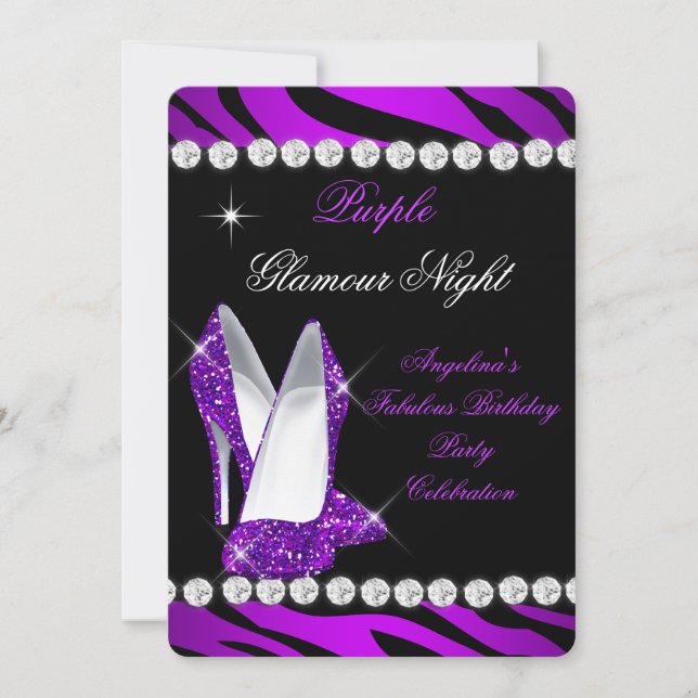 Lila Glamour Natt Zebra Glitter Skor Inbjudningar (Framsida)