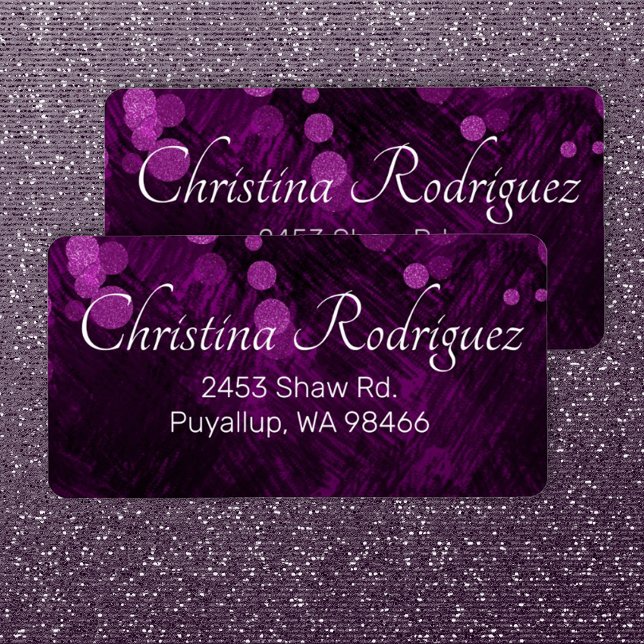 Lila glänsande adressetiketter för post (purple shimmery lights shimmers address labels, elegant script writing quinceanera mailing labels)