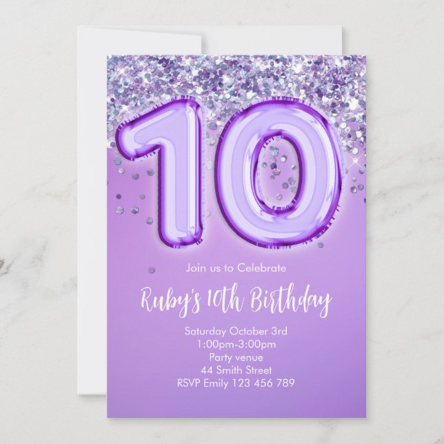 Lila glitter 10-års födelsedagsinbjudan inbjudningar (Framsida)