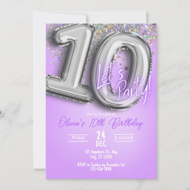 Lila Glitter 10-års födelsedagsinbjudan Inbjudningar (Framsida)