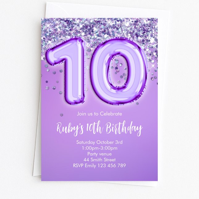 Lila glitter 10-års födelsedagsinbjudan inbjudningar (Skapare uppladdad)