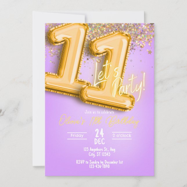 Lila Glitter 11-års födelsedagsinbjudan Inbjudningar (Framsida)