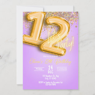 Lila glitter 12-års födelsedagsinbjudan inbjudningar