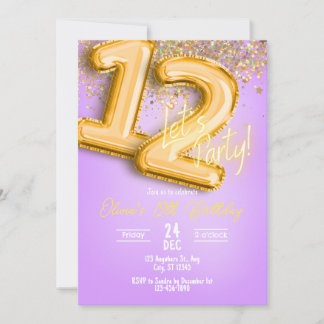 Lila glitter 12-års födelsedagsinbjudan inbjudningar