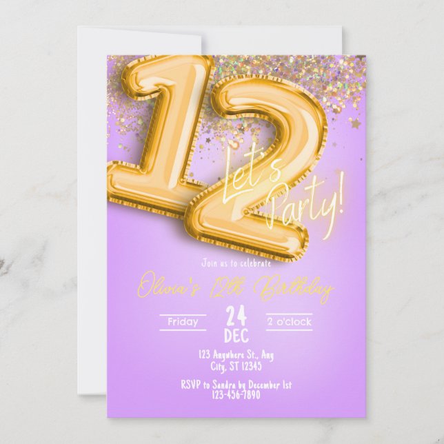 Lila glitter 12-års födelsedagsinbjudan inbjudningar (Framsida)