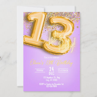 Lila glitter 13-års födelsedagsinbjudan inbjudningar