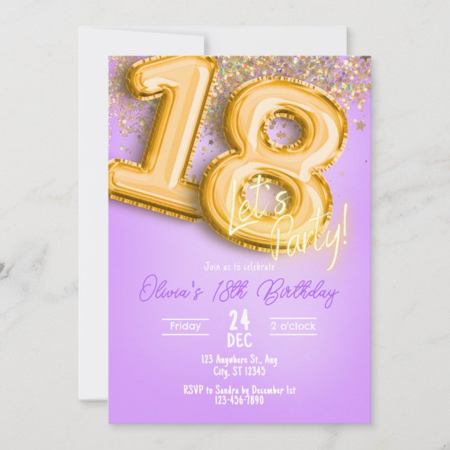 Lila glitter 18-års inbjudan (Framsida)