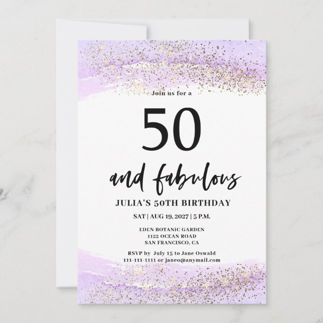 Lila glitter 50-års födelsedagsfest inbjudningar (Framsida)