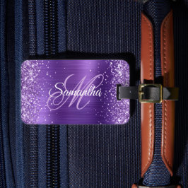 Lila Glitter Amethyst Folie Fancy Monogram Bagagebricka