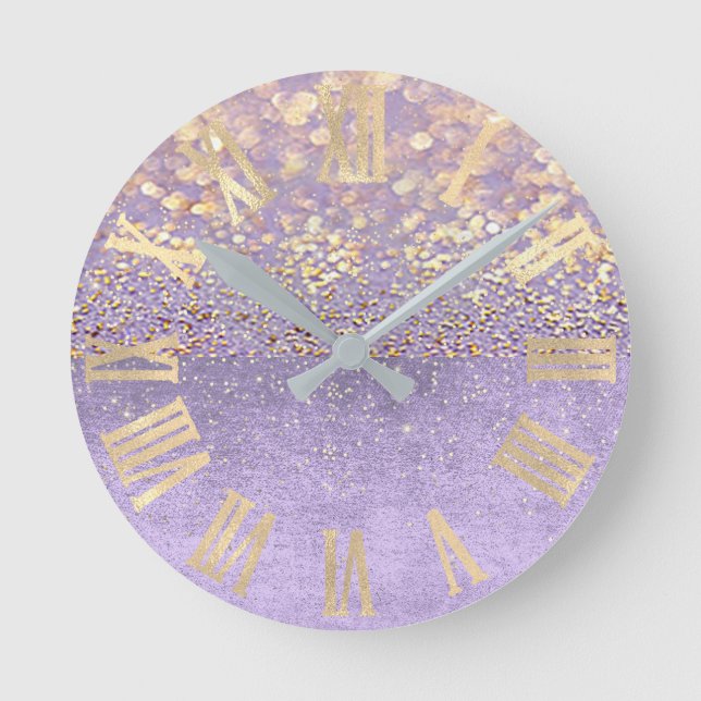 Lila Glitter Amethyst Lavender Confetti Guld Rund Klocka (Framsida)