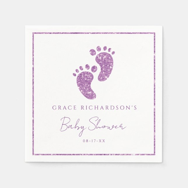 Lila Glitter Baby Feet Baby Shower Personlig Pappersservett (Framsidan)